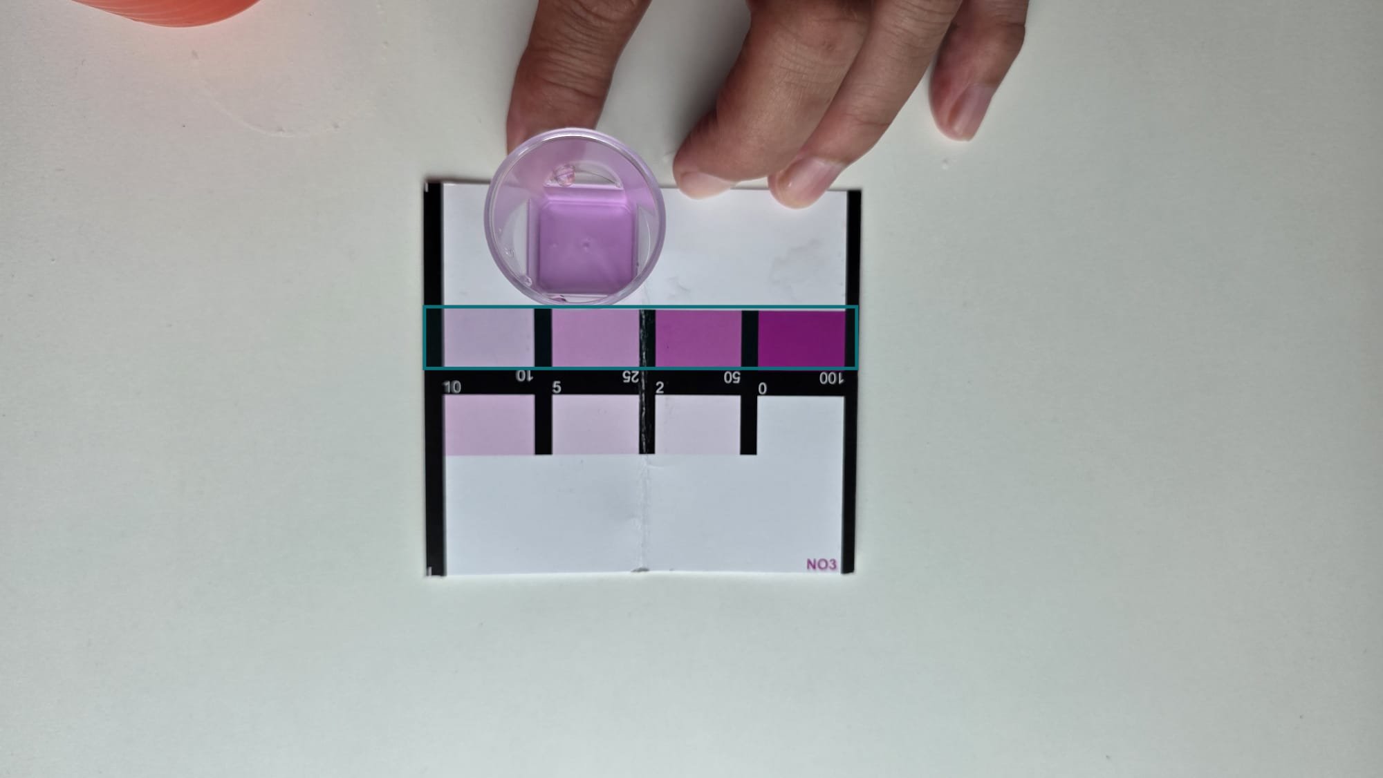 Recuadro teal dibujado sobre la fila de colores de la escala del test